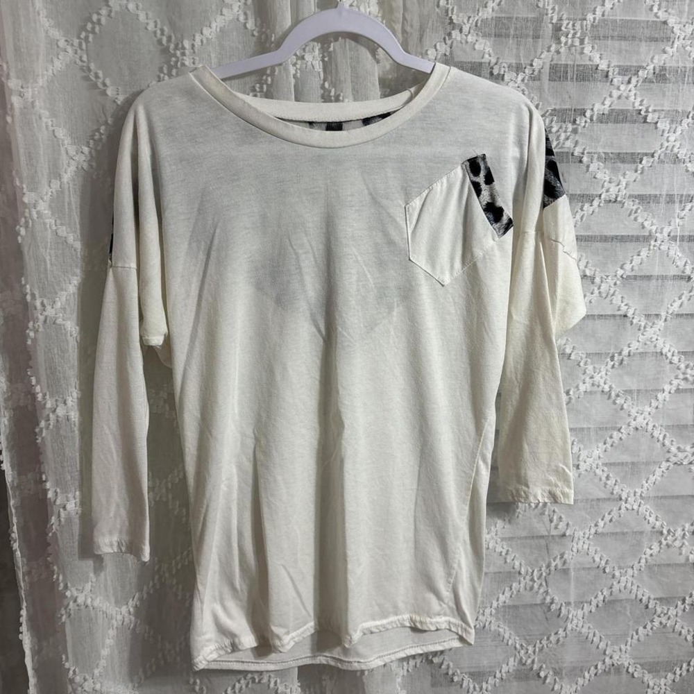 Womens White Leopard Print Back‎ Chevron Dolman Sleeve Pocket Top Cream Large